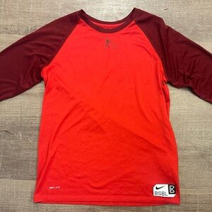 Nike Red and Maroon Raglan Long Sleeve Baseball Shirt